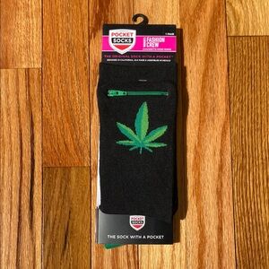 Women’s Black Crew Socks with Green Leaf Design and Green Zipper Pocket